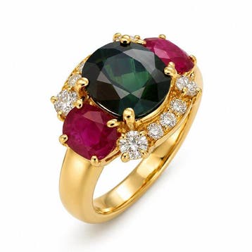 Ring - 18 karaat Geel goud, Robijnen - saffieren - diamanten, Nieuw