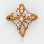 Broche - 18 karaat Geel goud, Platina Parel