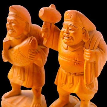 Signed Japanese Wood Carvings of Ebisu and Daikokuten with