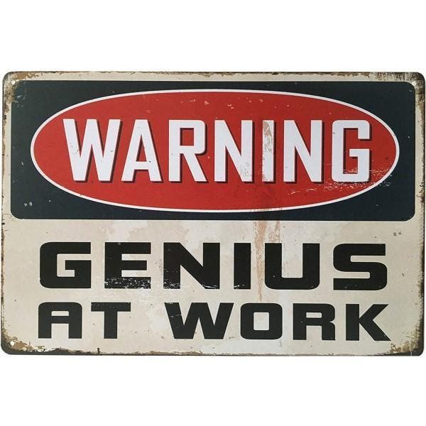 Wandbord - Warning Genius At Work, Huis en Inrichting, Woonaccessoires | Wanddecoraties, Nieuw, Ophalen of Verzenden