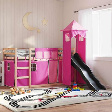 vidaXL Stapelbed met glijbaan en gordijnen roze 80x200 cm, Eenpersoons, Verzenden, Nieuw, 80 cm