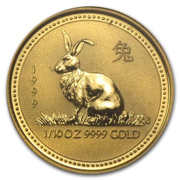 Gouden Lunar I - 1/10 oz 1999 Year of the Rabbit, Verzenden, Losse munt, Goud