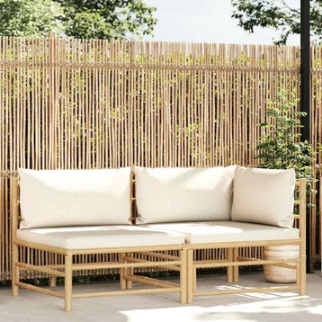 vidaXL 2-delige Loungeset met crèmewitte kussens bamboe, Tuin en Terras, Tuinsets en Loungesets, Verzenden, Nieuw, Hout, Loungeset