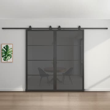 Dubbele stalen schuifdeur - Zwart - 4 Vlaks - Rook glas*, 75 tot 150 cm, Nieuw, 150 tot 225 cm, Metaal