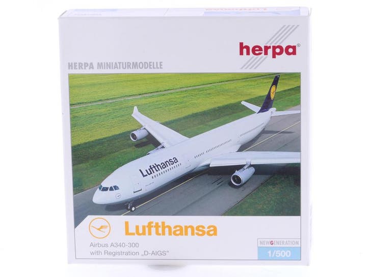 Schaal 1:500 Herpa 516549 Lufthansa Airbus A340-300 Berg..., Hobby en Vrije tijd, Modelbouw | Vliegtuigen en Helikopters, Zo goed als nieuw