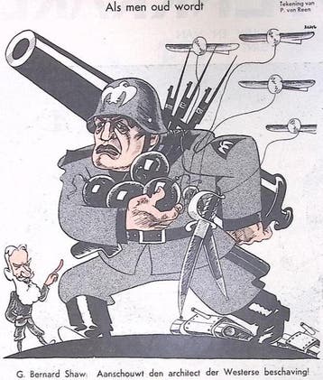 Mussolini op het oorlogspad op spotprent (lijst optie), Verzenden