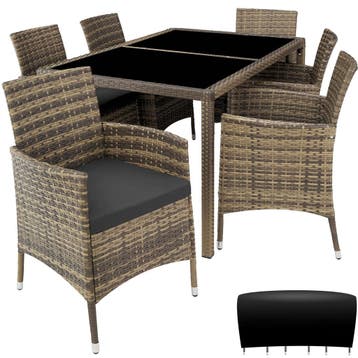 Wicker zitgroep Porto 6+1 met beschermhoes - natuur/donkergr, Verzenden, Nieuw