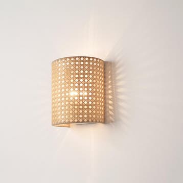 Wandlamp Ascot 20x16x12 cm set van 2 wit en rotan look E27 l, Huis en Inrichting, Lampen | Wandlampen, Verzenden, Nieuw