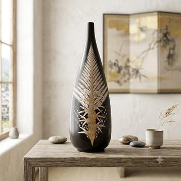 Vaas - Lakwerk, houten kern, gouden accent, Gegraveerde