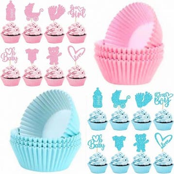 16 cupcake prikkers Baby roze en blauw + 16 cupcake bakjes, Verzenden, Nieuw, Versiering, Geboorte of Huwelijk