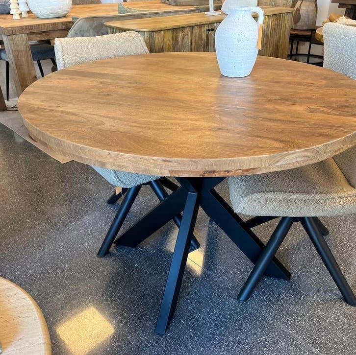 Nieuwe ronde eettafel mangohout matrixpoot zwart metaal SALE, Huis en Inrichting, Tafels | Eettafels, 100 tot 150 cm, 100 tot 150 cm