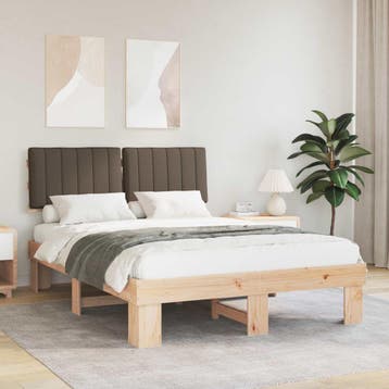 vidaXL Bedframe met Gevoerd Hoofdgedeelte Taupe 135 x 190 cm, Verzenden, Nieuw, Twijfelaar, Hout