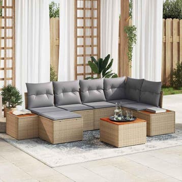 vidaXL Tuinbankenset met kussen 7 pcs Beige en Licht Grijs, Verzenden, Nieuw, Rotan, 7 zitplaatsen