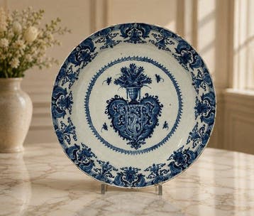 Delfts blauw – Groot bord met wapenschild en bloemmand – 18e, Antiek en Kunst
