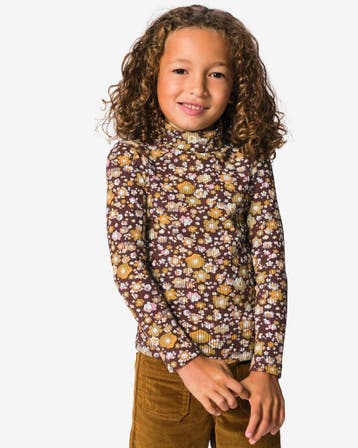 HEMA Kinder T-shirt rib bloemen bruin, Verzenden, Nieuw