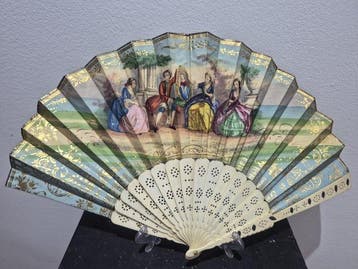 19th-Century Philippine Fan in Carved Bone and Lithographed