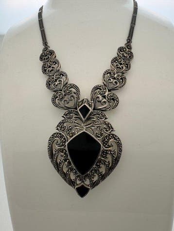 Zonder minimumprijs - Kraagketting Zilver Onyx - Art Deco