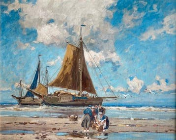 Otto Ackermann (1872-1953) - Bomschuiten op het strand met, Antiek en Kunst