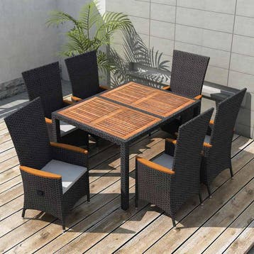 vidaXL 7-delige Tuinset poly rattan acaciahout zwart, Tuin en Terras, Verzenden, Nieuw, 6 zitplaatsen, Tuinset