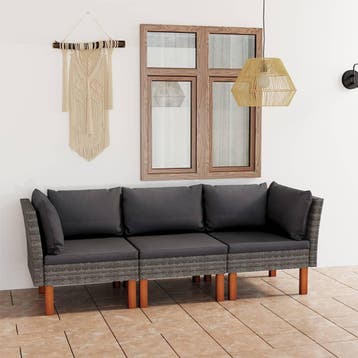 vidaXL Tuinbank 3-zits met kussens poly rattan grijs, Verzenden, Nieuw, Rotan, 3 zitplaatsen