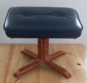 Voetbankje - Voetbank - Teak, Zwart leer - Voetbank