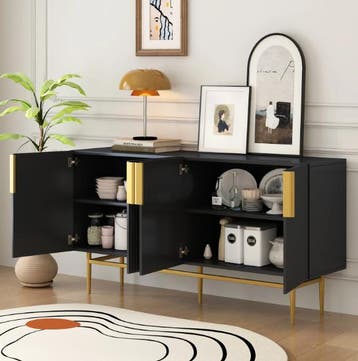 Zwart Dressoir met 4 Deuren – Opbergkast met Gouden Poten, Verzenden, Nieuw