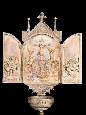 Antiek Wijwatervat - 1850-1900 - Kruisiging - 26 cm, Antiek en Kunst
