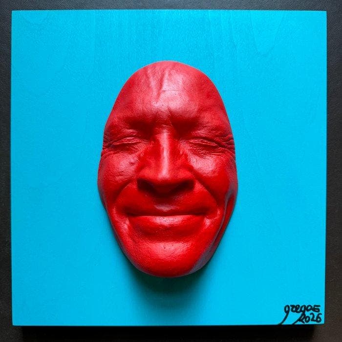 gregos - Red smile on blue light background, Antiek en Kunst, Kunst | Designobjecten