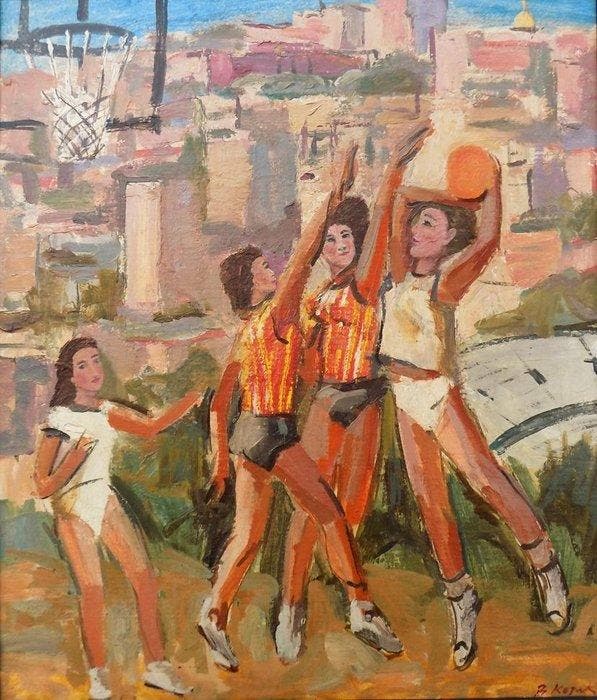 Viktor Georgievich Kozik (1937-?) - Giocatrici di basket -, Antiek en Kunst, Kunst | Schilderijen | Klassiek
