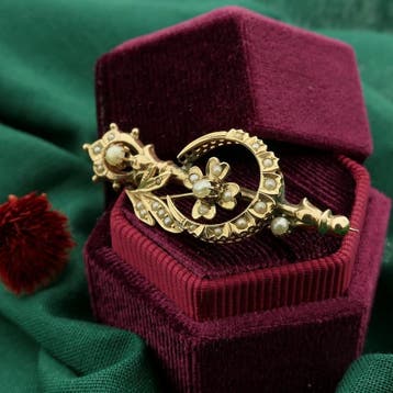 Antiek gouden broche met parels, Gebruikt, Ophalen of Verzenden, Met edelsteen, Goud