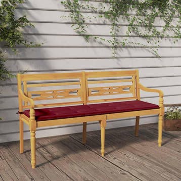vidaXL Bankje Batavia met wijnrood kussen 150 cm massief, Verzenden, Nieuw, Teakhout