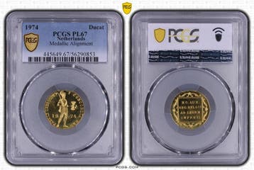 Gouden Enkele Dukaat 1974 Medaille slag PL67 PCGS (Pop 5/1), Verzenden, Munten