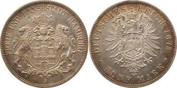 Duitsland 5 Mark Hamburg 1875 J J 62 vorzueglich+ goudene..., Verzenden