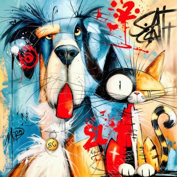 John Joseb Art glasschilderij grappige poes en hond humor, 50 – 75, Oorspronkelijke maker, Verzenden, Nieuw