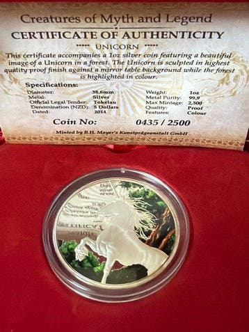 Tokelau. 5 Dollars 2014, Unicorn colorized - 1 oz (.999) mit
