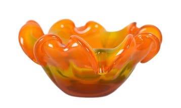 Prachtige handgeblazen Vintage schaal in vurig oranje & geel