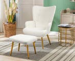 Nieuwe Luxe Fluffy Fauteuil met Kruk - Wit met gouden poten, Verzenden, Nieuw