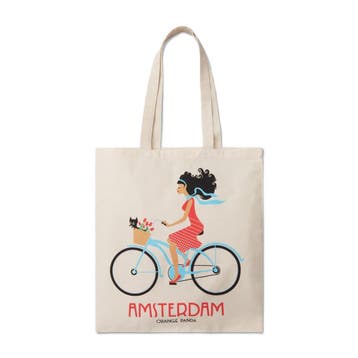 canvas bag Amsterdam bike girl with dog and tulips printed, Ophalen of Verzenden, Nieuw