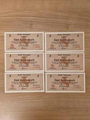 Duitsland. - 6 x 5 Reichsmark 1945 – Stuttgart – Notgeld, Postzegels en Munten