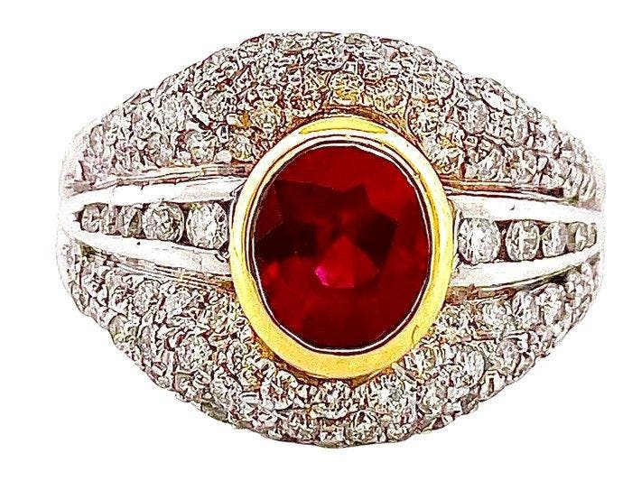 Ring - 18 karaat Witgoud Robijn - Diamant, Sieraden, Tassen en Uiterlijk, Ringen