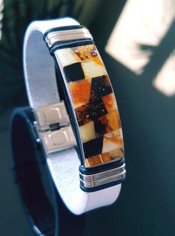 Amber Wit leren armband met Baltisch amber mozaïekarmband –