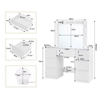 Dames kaptafel met spiegel en LED – 7 ruime lades, wit, Verzenden, Nieuw