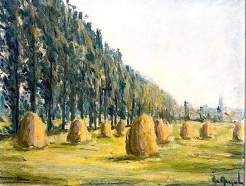 Belgische school (XX) - Zomerlandschap met hooimijten, Antiek en Kunst