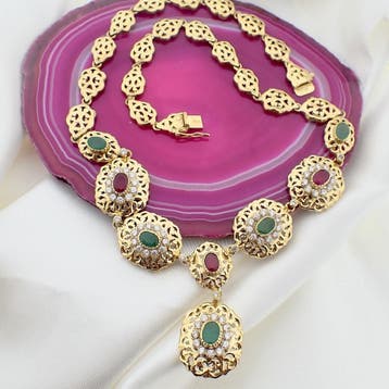 Gouden Oosterse collier met robijn en smaragd (Ketting), Gebruikt, Ophalen of Verzenden, Met edelsteen, Goud