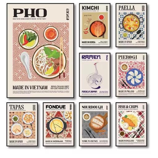 Wereldkeuken Canvas Poster – Eten Muurdecoratie Keuken, Huis en Inrichting, Woonaccessoires | Wanddecoraties, Nieuw, Verzenden