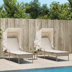 Ligbedden 2 st met luifels en tafel poly rattan beige, Verzenden, Nieuw