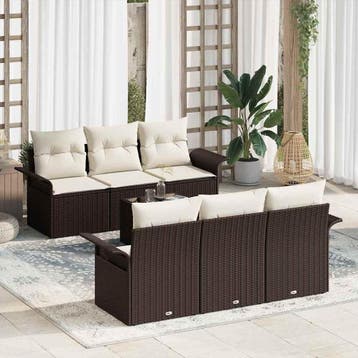 vidaXL Tuinbankenset 7 st Bruin en Crème poly rattan, Tuin en Terras, Tuinsets en Loungesets, Verzenden, Nieuw, Rotan, 7 zitplaatsen