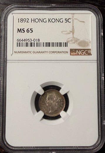 Brits Hongkong. Victoria. 5 Cents 1892 NGC MS65