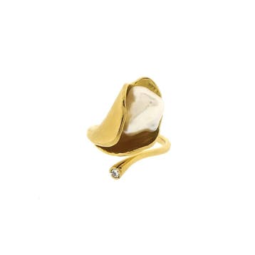 Gouden cocktailring met barokparel en diamant; 0,05 ct., Gebruikt, Ophalen of Verzenden, Kleiner dan 17, Met edelsteen