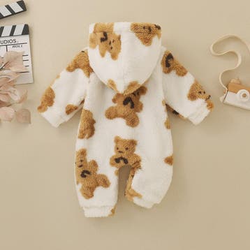 Schattige Baby Jumpsuit met Berenprint - Warm Fleece met Cap, Verzenden, Nieuw